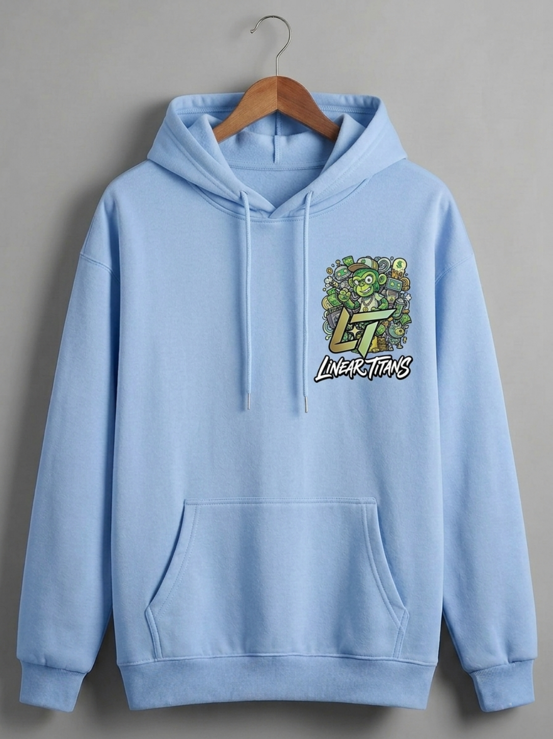 Linear Titans "Monopoly Ape" Streetwear Hoodie – Light Blue Heavyweight Fleece - Image 2